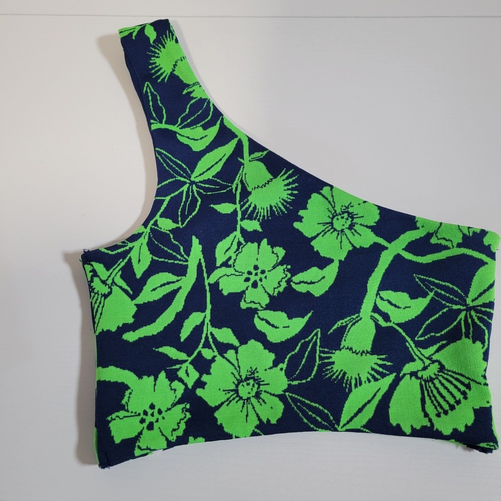ZARA One Shoulder Crop Top Size Small Floral Green Blue NEW NWT Stretch 1487